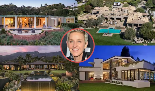 Ellen DeGeneres's luxury real estate portfolio featuring four multimillion-dollar Montecito mansions with swimming pools and mountain views